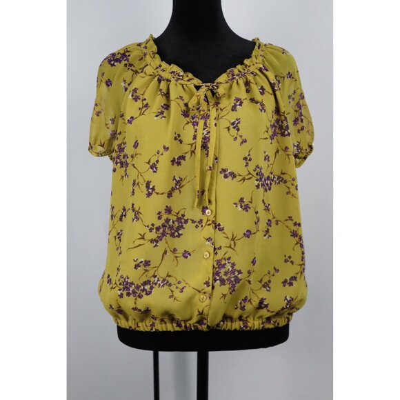APT9 Mustard -purple Floral with Button Front & Elastic Hem Size PL - Picture 1 of 8